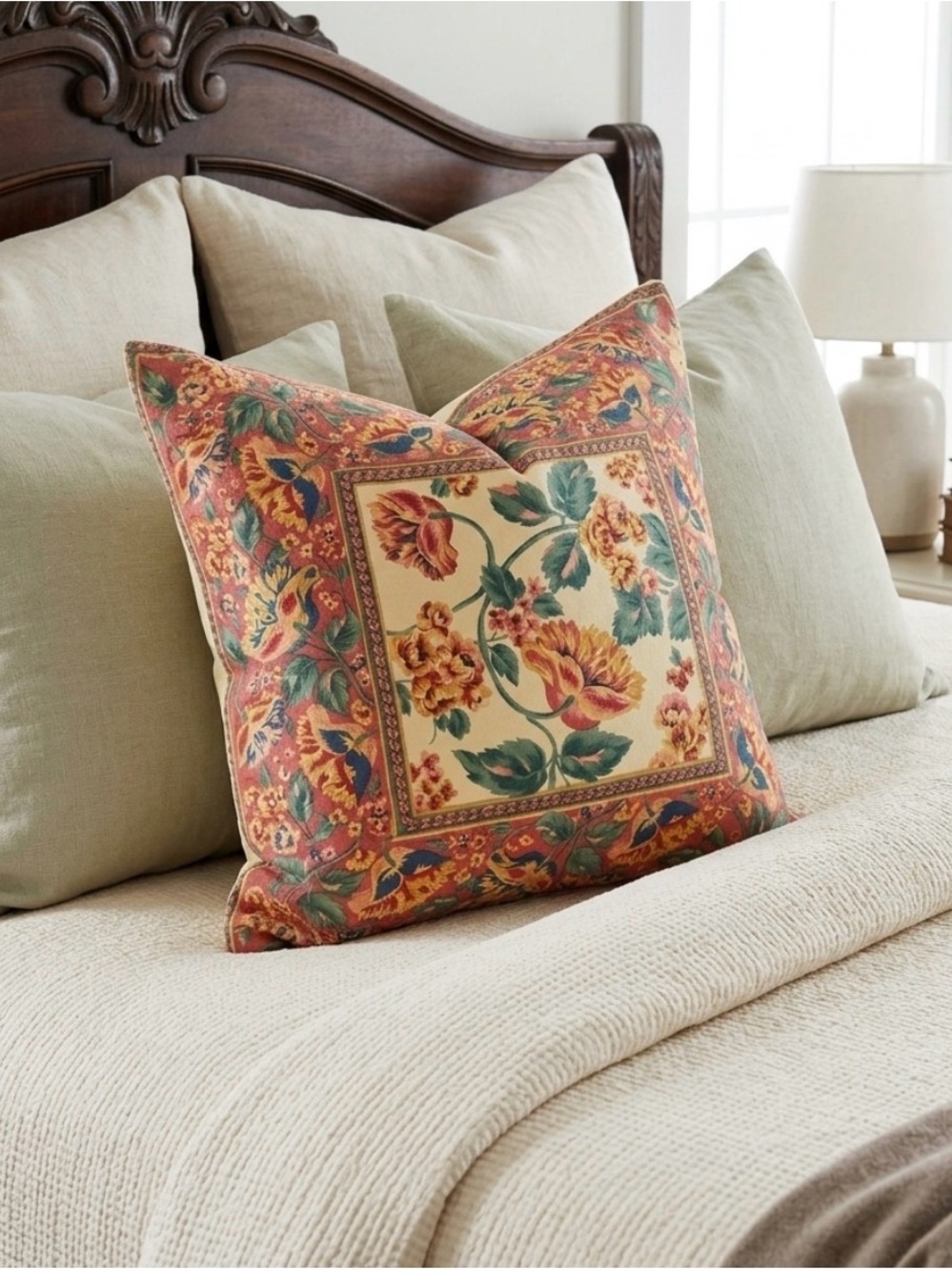 Vintage Cornel Trading Floral Square Accent Euro Sham in Cream, Red and Green